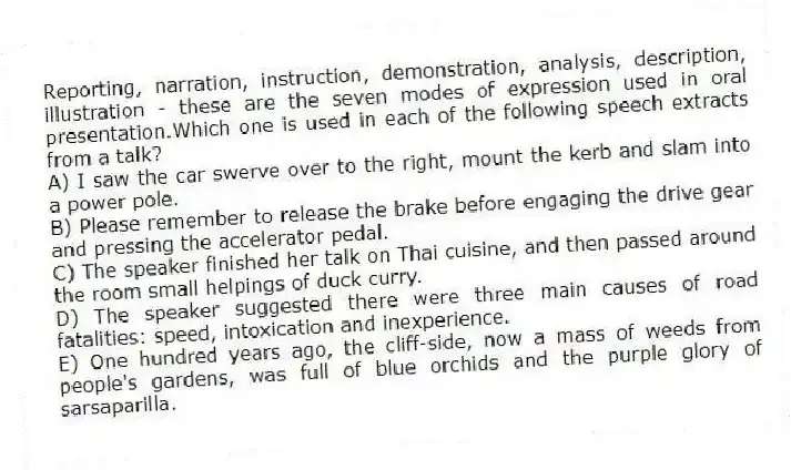 Reporting, narration, instruction, demonstration, analysis, description, illustration - these are the seven modes of expression used in oral presentation.Which one is used in each of the following speech extracts from a talk?
A) I saw the car swerve over to the right, mount the kerb and slam into a power pole.
B) Please remember to release the brake before engaging the drive gear and pressing the accelerator pedal.
C) The speaker finished her talk on Thai cuisine, and then passed around the room small helpings of duck curry.
D) The speaker suggested there were three main causes of road fatalities: speed, intoxication and inexperience.
E) One hundred years ago, the cliff-side, now a mass of weeds from people's gardens, was full of blue orchids and the purple glory of sarsaparilla.