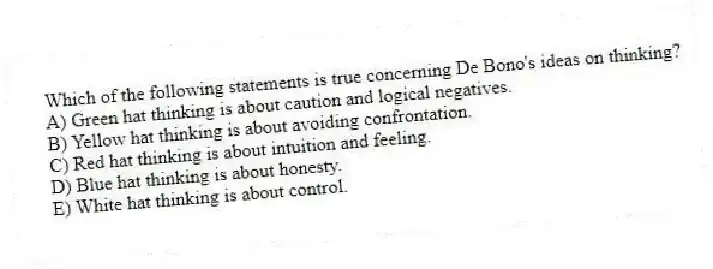 Which of the following statements is true concerning De Bono's ideas on thinking?
A) Green hat thinking is about caution and logical negatives.
B) Yellow hat thinking is about avoiding confrontation.
C) Red hat thinking is about intuition and feeling.
D) Blue hat thinking is about honesty.
E) White hat thinking is about control.