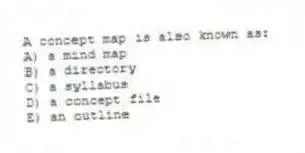 A concept map is also known as:
A) a mind map
B) a directory
C) a syllabus
D) a concept file
E) an outline