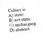 Culture is
A) static.
B) not static.
C) unchanging.
D) abstract.