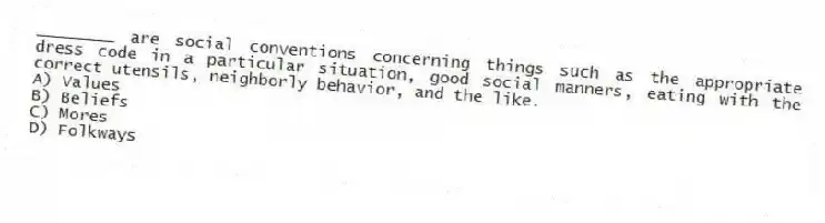 ________ are social conventions concerning things such as the appropriate dress code in a particular situation, good social manners, eating with the correct utensils, neighborly behavior, and the like.
A) Values
B) Beliefs
C) Mores
D) Folkways