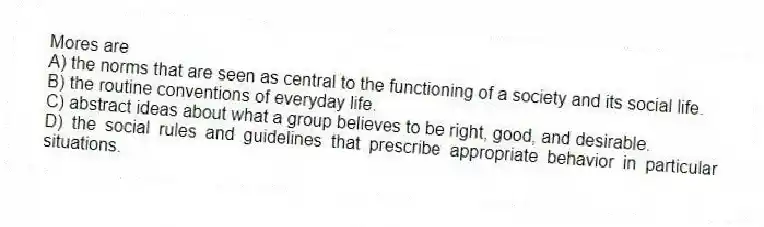 Mores are
A) the norms that are seen as central to the functioning of a society and its social life.
B) the routine conventions of everyday life.
C) abstract ideas about what a group believes to be right, good, and desirable.
D) the social rules and guidelines that prescribe appropriate behavior in particular situations.