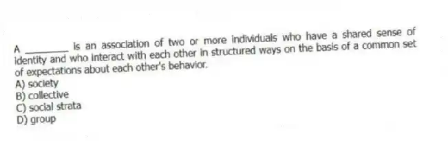 A ________ is an association of two or more individuals who have a shared sense of identity and who interact with each other in structured ways on the basis of a common set of expectations about each other's behavior.
A) society
B) collective
C) social strata
D) group