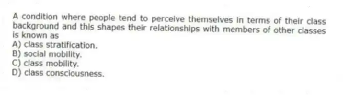 A condition where people tend to perceive themselves in terms of their class background and this shapes their relationships with members of other classes is known as
A) class stratification.
B) social mobility.
C) class mobility.
D) class consciousness.