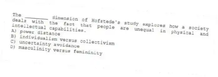 The ________ dimension of Hofstede's study explores how a society deals with the fact that people are unequal in physical and intellectual capabilities.
A) power distance
B) individualism versus collectivism
C) uncertainty avoidance
D) masculinity versus femininity