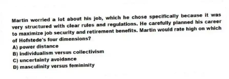 Martin worried a lot about his job, which he chose specifically because it was very structured with clear rules and regulations. He carefully planned his career to maximize job security and retirement benefits. Martin would rate high on which of Hofstede's four dimensions?
A) power distance
B) individualism versus collectivism
C) uncertainty avoidance
D) masculinity versus femininity
