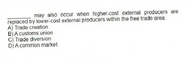 ________ may also occur when higher-cost external producers are replaced by lower-cost external producers within the free trade area.
A) Trade creation
B) A customs union
C) Trade diversion
D) A common market