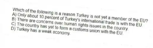 Which of the following is a reason Turkey is not yet a member of the EU?
A) Only about 10 percent of Turkey's international trade is with the EU.
B) There are concerns over human rights issues in the country.
C) The country has yet to form a customs union with the EU.
D) Turkey has a weak economy.
