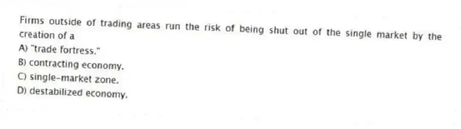 Firms outside of trading areas run the risk of being shut out of the single market by the creation of a
A) "trade fortress."
B) contracting economy.
C) single-market zone.
D) destabilized economy.