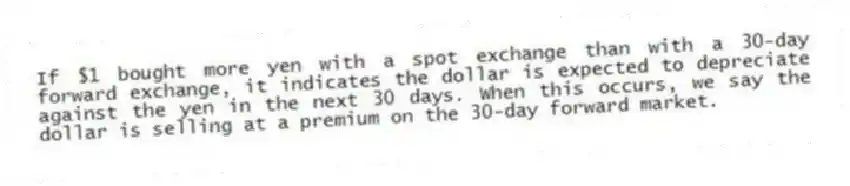 If $1 bought more yen with a spot exchange than with a 30-day forward exchange, it indicates the dollar is expected to depreciate against the yen in the next 30 days. When this occurs, we say the dollar is selling at a premium on the 30-day forward market.