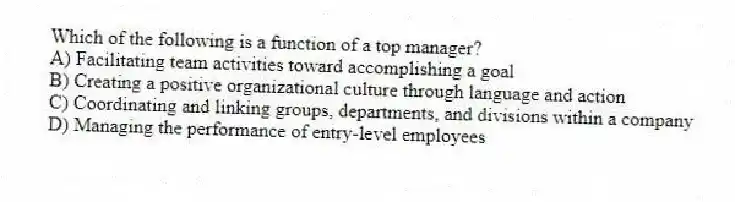 Which of the following is a function of a top manager?
A) Facilitating team activities toward accomplishing a goal
B) Creating a positive organizational culture through language and action
C) Coordinating and linking groups, departments, and divisions within a company
D) Managing the performance of entry-level employees