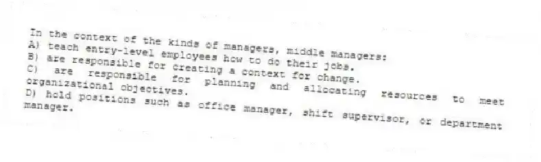 In the context of the kinds of managers, middle managers:
A) teach entry-level employees how to do their jobs.
B) are responsible for creating a context for change.
C) are responsible for planning and allocating resources to meet organizational objectives.
D) hold positions such as office manager, shift supervisor, or department manager.