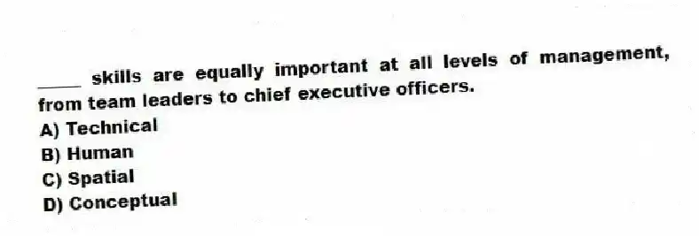 _____ skills are equally important at all levels of management, from team leaders to chief executive officers.
A) Technical
B) Human
C) Spatial
D) Conceptual