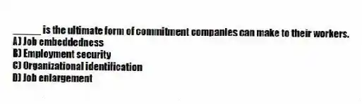 _____ is the ultimate form of commitment companies can make to their workers.
A) Job embeddedness
B) Employment security
C) Organizational identification
D) Job enlargement