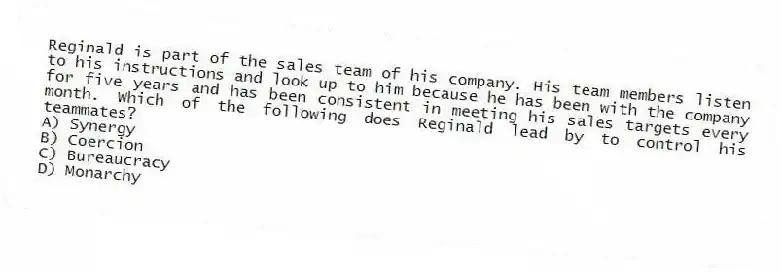 Reginald is part of the sales team of his company. His team members listen to his instructions and look up to him because he has been with the company for five years and has been consistent in meeting his sales targets every month. Which of the following does Reginald lead by to control his teammates?
A) Synergy
B) Coercion
C) Bureaucracy
D) Monarchy