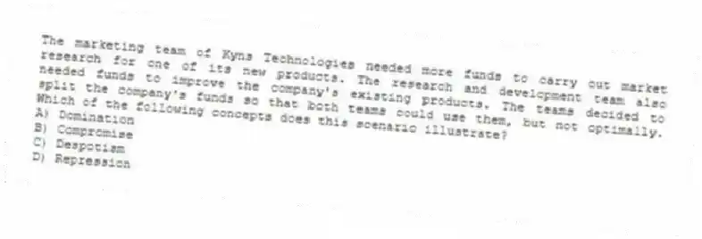The marketing team of Kyns Technologies needed more funds to carry out market research for one of its new products. The research and development team also needed funds to improve the company's existing products. The teams decided to split the company's funds so that both teams could use them, but not optimally. Which of the following concepts does this scenario illustrate?
A) Domination
B) Compromise
C) Despotism
D) Repression