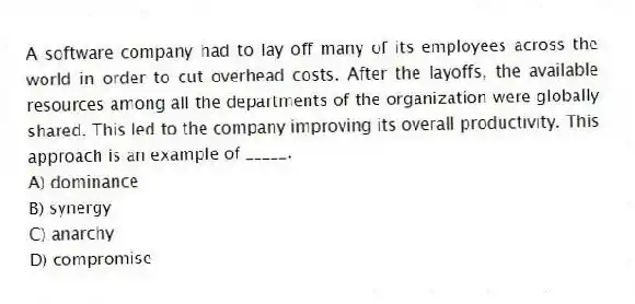 A software company had to lay off many of its employees across the world in order to cut overhead costs. After the layoffs, the available resources among all the departments of the organization were globally shared. This led to the company improving its overall productivity. This approach is an example of _____.
A) dominance
B) synergy
C) anarchy
D) compromise