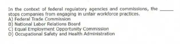 In the context of federal regulatory agencies and commissions, the _____ stops companies from engaging in unfair workforce practices.
A) Federal Trade Commission
B) National Labor Relations Board
C) Equal Employment Opportunity Commission
D) Occupational Safety and Health Administration