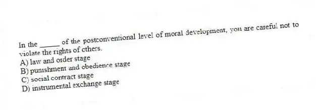 In the _____ of the postconventional level of moral development, you are careful not to violate the rights of others.
A) law and order stage
B) punishment and obedience stage
C) social contract stage
D) instrumental exchange stage