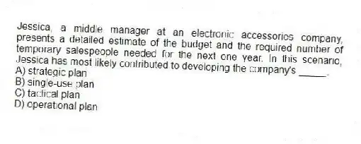 Jessica, a middle manager at an electronic accessories company, presents a detailed estimate of the budget and the required number of temporary salespeople needed for the next one year. In this scenario, Jessica has most likely contributed to developing the company's _____.
A) strategic plan
B) single-use plan
C) tactical plan
D) operational plan