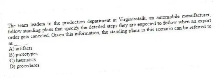The team leaders in the production department at Virginiastalk, an automobile manufacturer, follow standing plans that specify the detailed steps they are expected to follow when an export order gets canceled. Given this information, the standing plans in this scenario can be referred to as _____.
A) artifacts
B) prototypes
C) heuristics
D) procedures