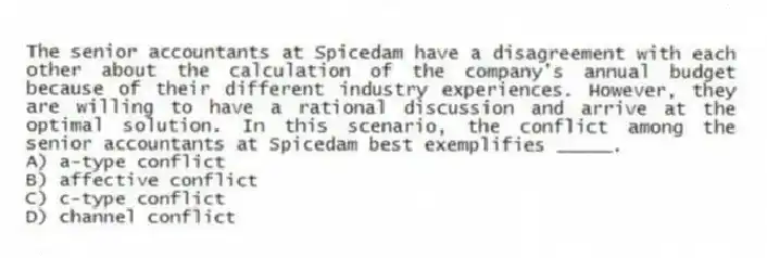 The senior accountants at Spicedam have a disagreement with each other about the calculation of the company's annual budget because of their different industry experiences. However, they are willing to have a rational discussion and arrive at the optimal solution. In this scenario, the conflict among the senior accountants at Spicedam best exemplifies _____.
A) a-type conflict
B) affective conflict
C) c-type conflict
D) channel conflict