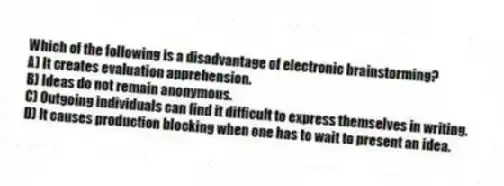 Which of the following is a disadvantage of electronic brainstorming?
A) It creates evaluation apprehension.
B) Ideas do not remain anonymous.
C) Outgoing individuals can find it difficult to express themselves in writing.
D) It causes production blocking when one has to wait to present an idea.