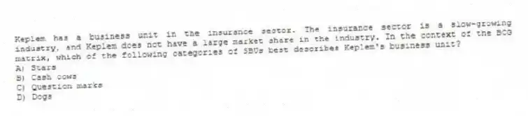 Keplem has a business unit in the insurance sector. The insurance sector is a slow-growing industry, and Keplem does not have a large market share in the industry. In the context of the BCG matrix, which of the following categories of SBUs best describes Keplem's business unit?
A) Stars
B) Cash cows
C) Question marks
D) Dogs