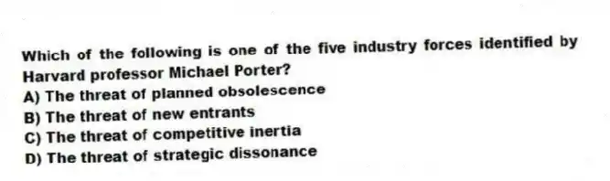 Which of the following is one of the five industry forces identified by Harvard professor Michael Porter?
A) The threat of planned obsolescence
B) The threat of new entrants
C) The threat of competitive inertia
D) The threat of strategic dissonance