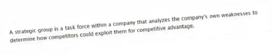 A strategic group is a task force within a company that analyzes the company's own weaknesses to determine how competitors could exploit them for competitive advantage.