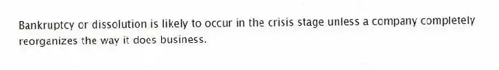 Bankruptcy or dissolution is likely to occur in the crisis stage unless a company completely reorganizes the way it does business.