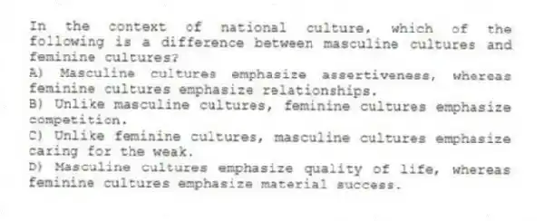 In the context of national culture, which of the following is a difference between masculine cultures and feminine cultures?
A) Masculine cultures emphasize assertiveness, whereas feminine cultures emphasize relationships.
B) Unlike masculine cultures, feminine cultures emphasize competition.
C) Unlike feminine cultures, masculine cultures emphasize caring for the weak.
D) Masculine cultures emphasize quality of life, whereas feminine cultures emphasize material success.