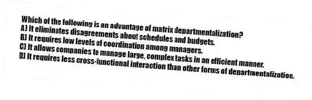Which of the following is an advantage of matrix departmentalization?
A) It eliminates disagreements about schedules and budgets.
B) It requires low levels of coordination among managers.
C) It allows companies to manage large, complex tasks in an efficient manner.
D) It requires less cross-functional interaction than other forms of departmentalization.