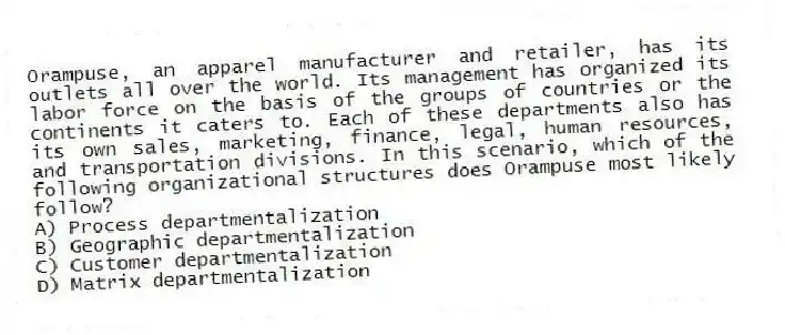 Orampuse, an apparel manufacturer and retailer, has its outlets all over the world. Its management has organized its labor force on the basis of the groups of countries or the continents it caters to. Each of these departments also has its own sales, marketing, finance, legal, human resources, and transportation divisions. In this scenario, which of the following organizational structures does Orampuse most likely follow?
A) Process departmentalization
B) Geographic departmentalization
C) Customer departmentalization
D) Matrix departmentalization