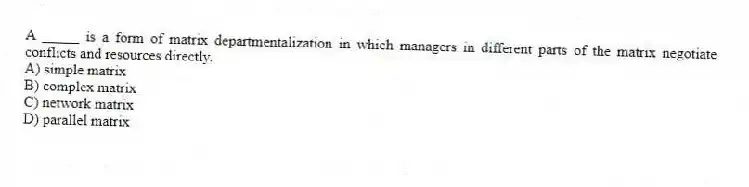 A _____ is a form of matrix departmentalization in which managers in different parts of the matrix negotiate conflicts and resources directly.
A) simple matrix
B) complex matrix
C) network matrix
D) parallel matrix