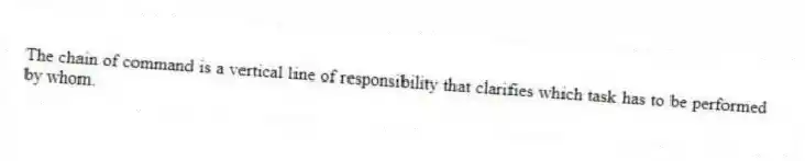 The chain of command is a vertical line of responsibility that clarifies which task has to be performed by whom.