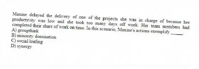 Maxine delayed the delivery of one of the projects she was in charge of because her productivity was low and she took too many days off work. Her team members had completed their share of work on time. In this scenario, Maxine's actions exemplify _____.
A) groupthink
B) minority domination
C) social loafing
D) synergy