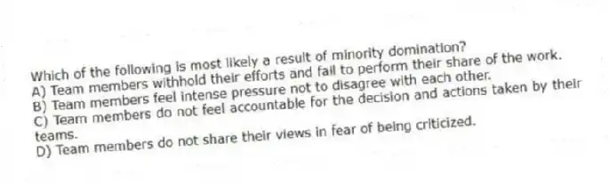 Which of the following is most likely a result of minority domination?
A) Team members withhold their efforts and fail to perform their share of the work.
B) Team members feel intense pressure not to disagree with each other.
C) Team members do not feel accountable for the decision and actions taken by their teams.
D) Team members do not share their views in fear of being criticized.
