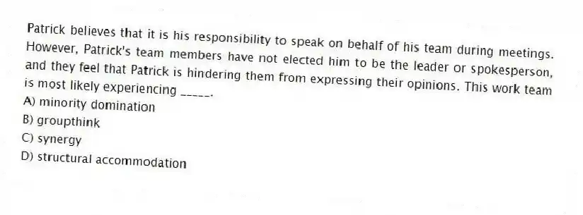 Patrick believes that it is his responsibility to speak on behalf of his team during meetings. However, Patrick's team members have not elected him to be the leader or spokesperson, and they feel that Patrick is hindering them from expressing their opinions. This work team is most likely experiencing _____.
A) minority domination
B) groupthink
C) synergy
D) structural accommodation