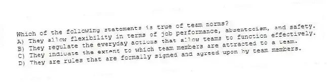 Which of the following statements is true of team norms?
A) They allow flexibility in terms of job performance, absenteeism, and safety.
B) They regulate the everyday actions that allow teams to function effectively.
C) They indicate the extent to which team members are attracted to a team.
D) They are rules that are formally signed and agreed upon by team members.