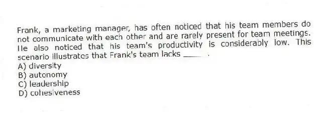 Frank, a marketing manager, has often noticed that his team members do not communicate with each other and are rarely present for team meetings. He also noticed that his team's productivity is considerably low. This scenario illustrates that Frank's team lacks _____.
A) diversity
B) autonomy
C) leadership
D) cohesiveness