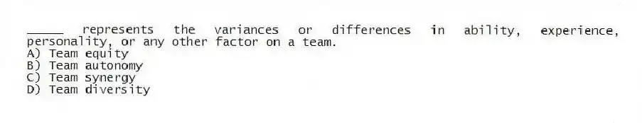 _____ represents the variances or differences in ability, experience, personality, or any other factor on a team.
A) Team equity
B) Team autonomy
C) Team synergy
D) Team diversity