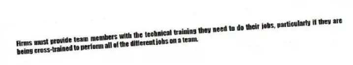 Firms must provide team members with the technical training they need to do their jobs, particularly if they are being cross-trained to perform all of the different jobs on a team.