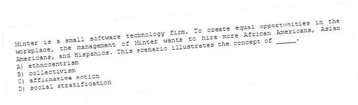 Minter is a small software technology firm. To create equal opportunities in the workplace, the management of Minter wants to hire more African Americans, Asian Americans, and Hispanics. This scenario illustrates the concept of _____.
A) ethnocentrism
B) collectivism
C) affirmative action
D) social stratification