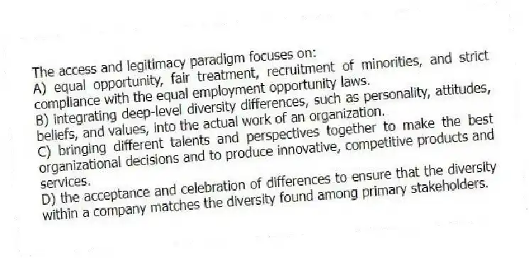 The access and legitimacy paradigm focuses on:
A) equal opportunity, fair treatment, recruitment of minorities, and strict compliance with the equal employment opportunity laws.
B) integrating deep-level diversity differences, such as personality, attitudes, beliefs, and values, into the actual work of an organization.
C) bringing different talents and perspectives together to make the best organizational decisions and to produce innovative, competitive products and services.
D) the acceptance and celebration of differences to ensure that the diversity within a company matches the diversity found among primary stakeholders.