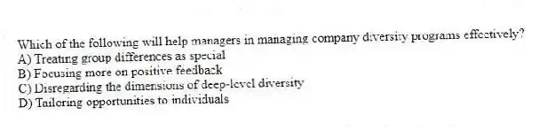 Which of the following will help managers in managing company diversity programs effectively?
A) Treating group differences as special
B) Focusing more on positive feedback
C) Disregarding the dimensions of deep-level diversity
D) Tailoring opportunities to individuals