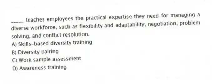 _____ teaches employees the practical expertise they need for managing a diverse workforce, such as flexibility and adaptability, negotiation, problem solving, and conflict resolution.
A) Skills-based diversity training
B) Diversity pairing
C) Work sample assessment
D) Awareness training