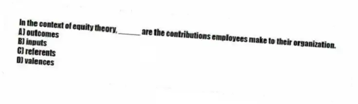 In the context of equity theory, _____ are the contributions employees make to their organization.
A) outcomes
B) inputs
C) referents
D) valences