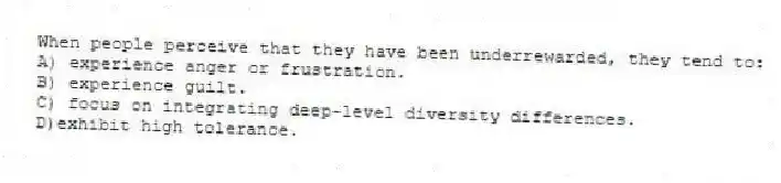 When people perceive that they have been underrewarded, they tend to:
A) experience anger or frustration.
B) experience guilt.
C) focus on integrating deep-level diversity differences.
D)exhibit high tolerance.