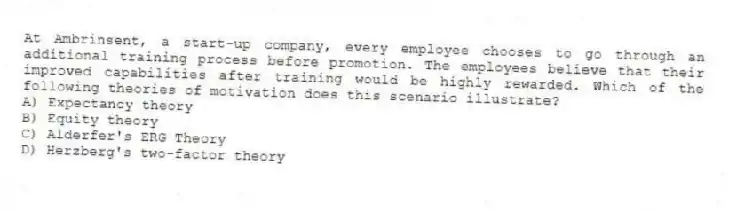 At Ambrinsent, a start-up company, every employee chooses to go through an additional training process before promotion. The employees believe that their improved capabilities after training would be highly rewarded. Which of the following theories of motivation does this scenario illustrate?
A) Expectancy theory
B) Equity theory
C) Alderfer's ERG Theory
D) Herzberg's two-factor theory